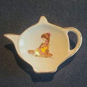 Vintage Teapot-Shaped Trinket Dish with Girl Illustration